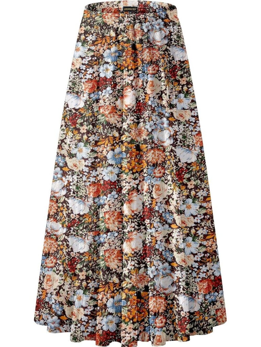 Women's Floral Chiffon Elastic High Waisted Pleated Flared A-Line Long Skirt